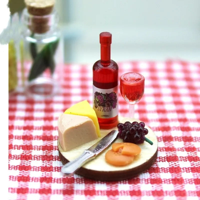 Miniature Wine Bottle with Cheese Charcuterie Tray (1:12 scale)