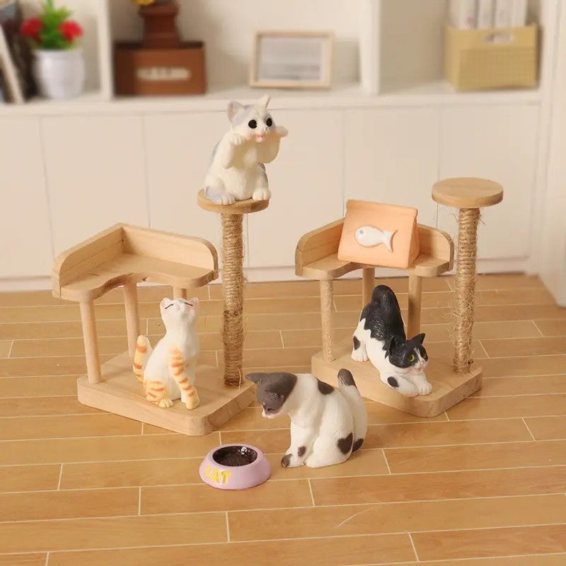 Miniature Dollhouse Cats with Toy and Food Accessories (1:12 scale)