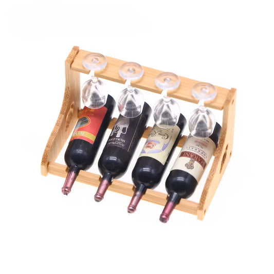 Miniature Wine Bottles and Glasses on Wine Rack (1:12 scale)
