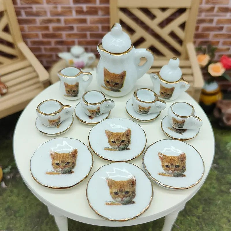 Tea Party Orange Kitty Cat Dish Set (1:12 scale)