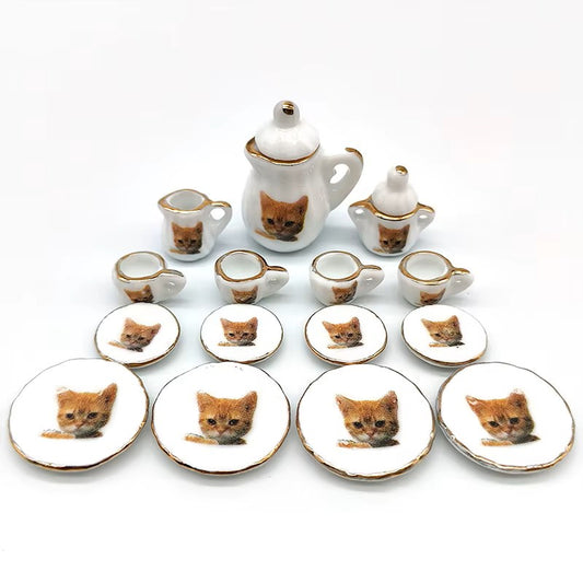 Tea Party Orange Kitty Cat Dish Set (1:12 scale)