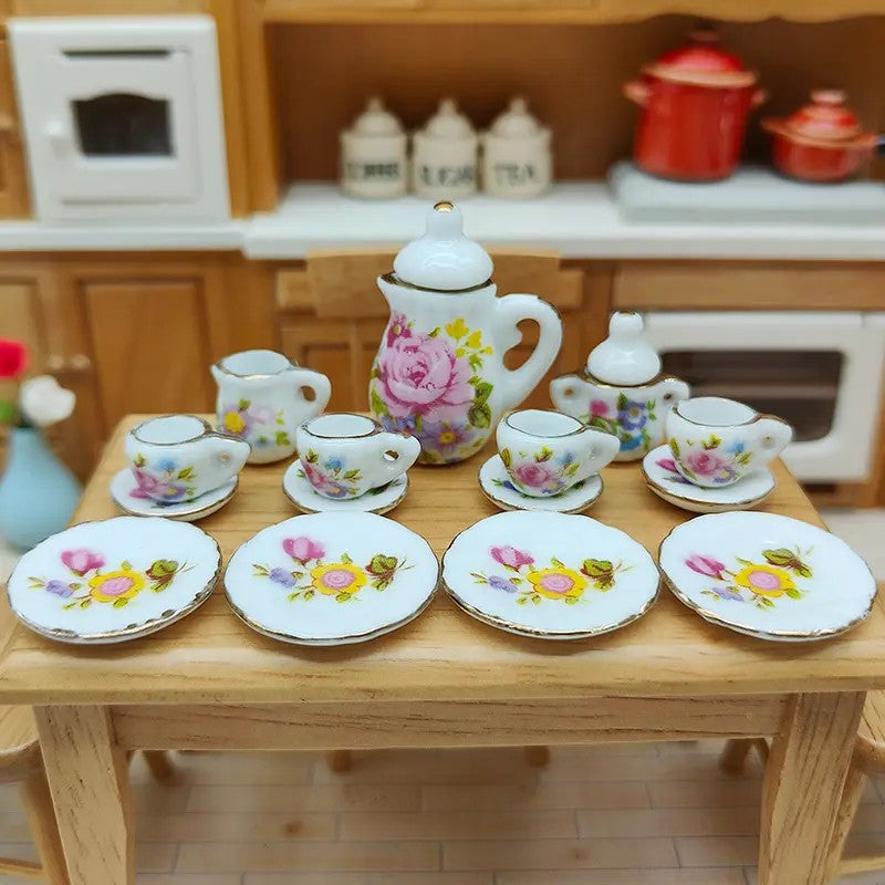Tea Party Pink and Yellow Flower Dish Set (1:12 scale)