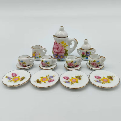 Tea Party Pink and Yellow Flower Dish Set (1:12 scale)