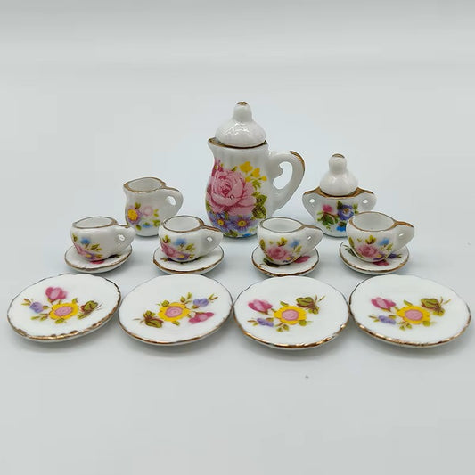 Tea Party Pink and Yellow Flower Dish Set (1:12 scale)