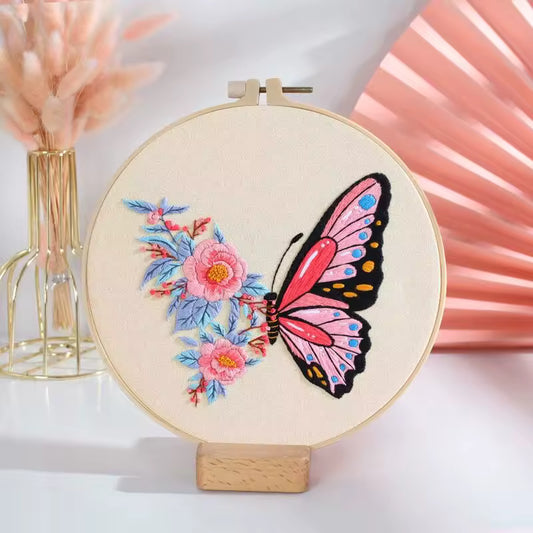Pink & Blue Butterfly Embroidery Kit (8" x 8")