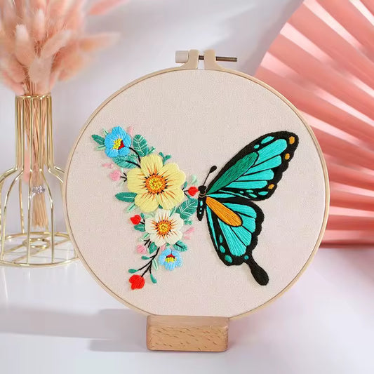 Teal & Yellow Butterfly Embroidery Kit (8" x 8")