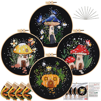 Fantasy Mushroom House Embroidery Kit (Red) (8" x 8")