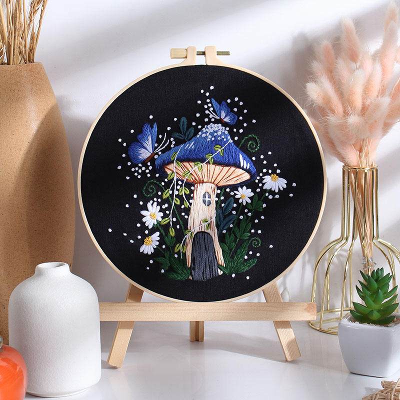 Fantasy Mushroom House Embroidery Kit (Red) (8" x 8")