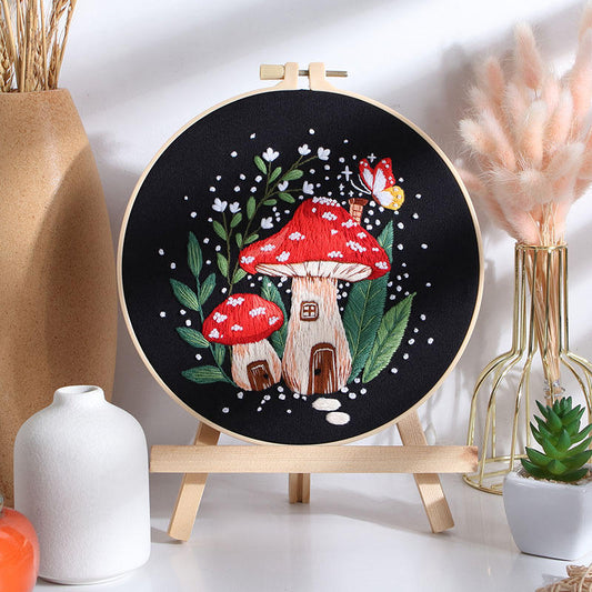 Fantasy Mushroom House Embroidery Kit (Red) (8" x 8")
