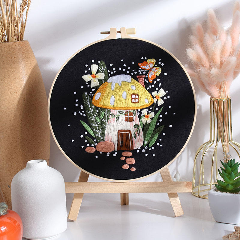 Fantasy Mushroom House Embroidery Kit (Red) (8" x 8")