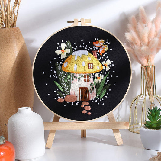 Fantasy Mushroom House Embroidery Kit (Yellow) (8" x 8")