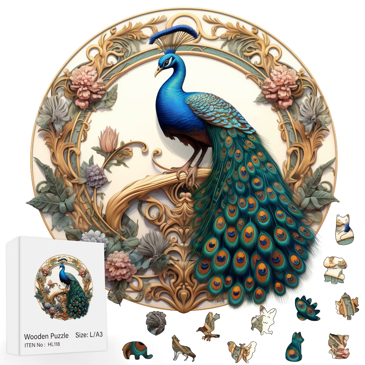 Peacock Wooden Bird Puzzle (11" x 11")